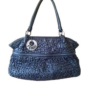 FENDI Bubble Calfskin Leather Large Chef Shopper Tote Bag Black Authentic